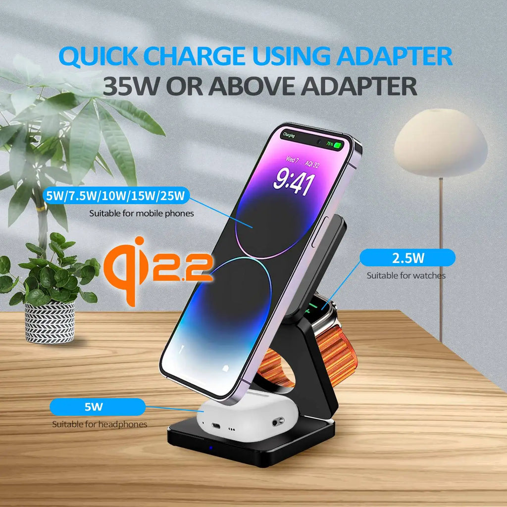Station de Charge Sans Fil 3-en-1 Magnétique 25W Qi2 – iPhone, Apple Watch & AirPods